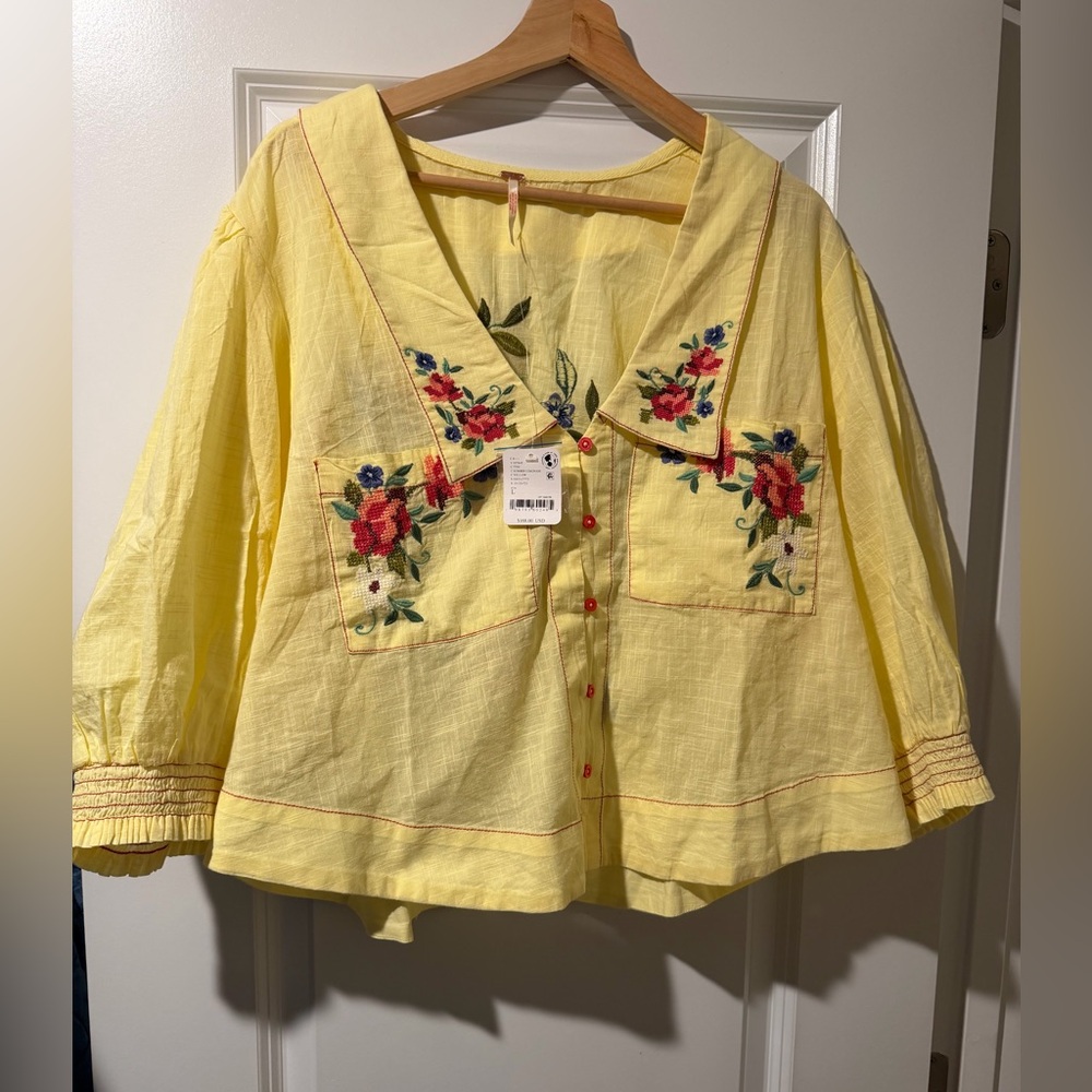 Free People Ryland Yellow Embroidered Button-Front Blouse